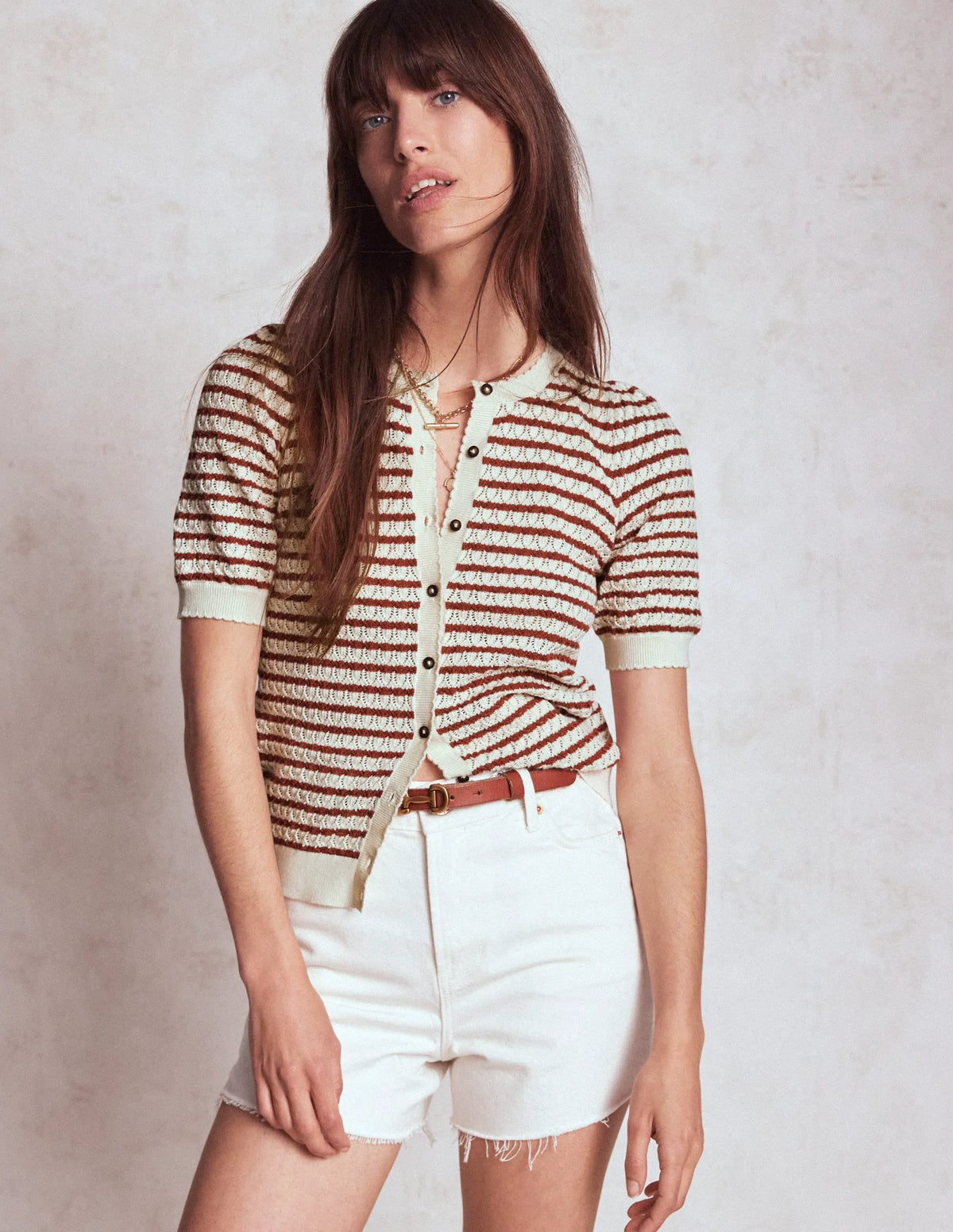 Dot Pointelle Cardigan-Warm Ivory/ Red