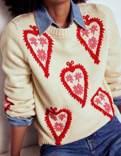 Graphic Embroidered Sweater-Warm Ivory, Hearts
