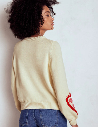 Graphic Embroidered Sweater-Warm Ivory, Hearts