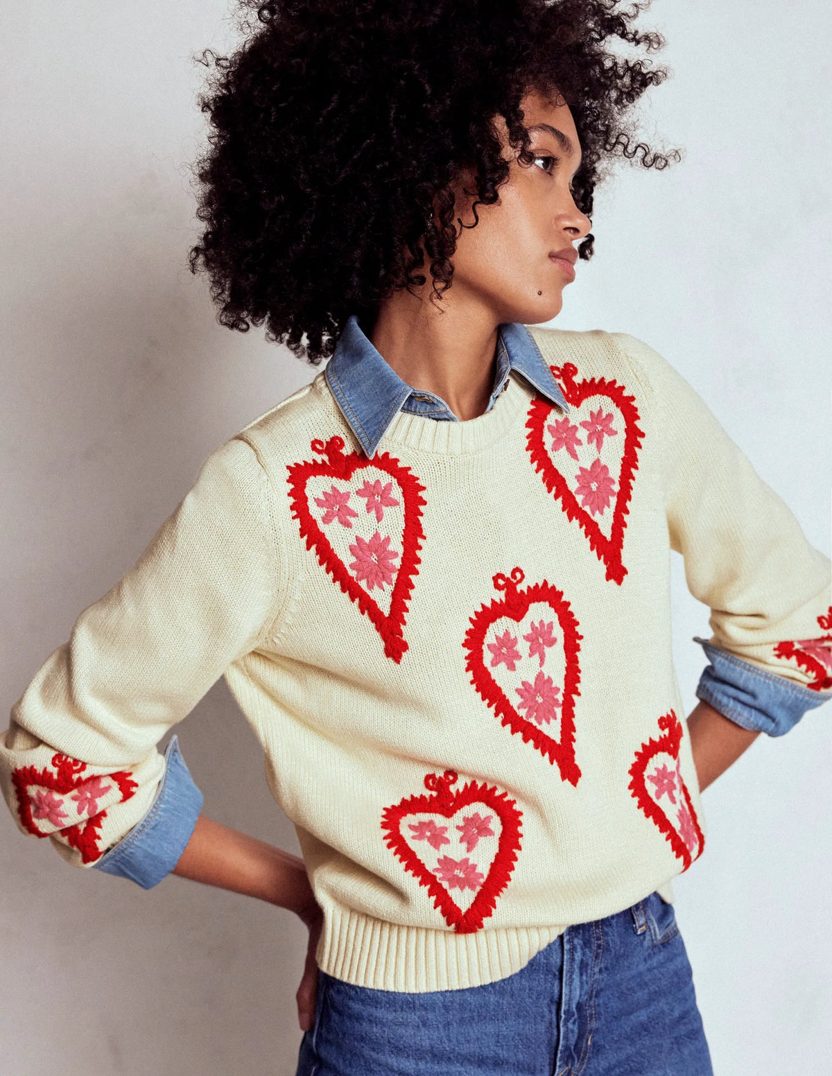 Graphic Embroidered Sweater-Warm Ivory, Hearts