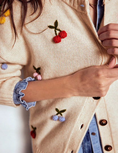 Natalie Embroidered Cardigan-Oatmeal Melange, Cherry