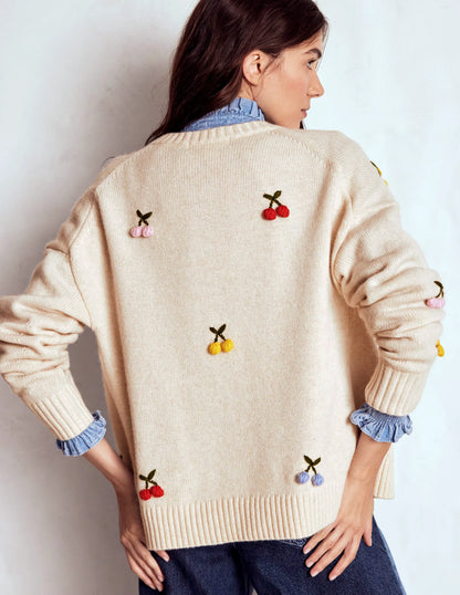 Natalie Embroidered Cardigan-Oatmeal Melange, Cherry