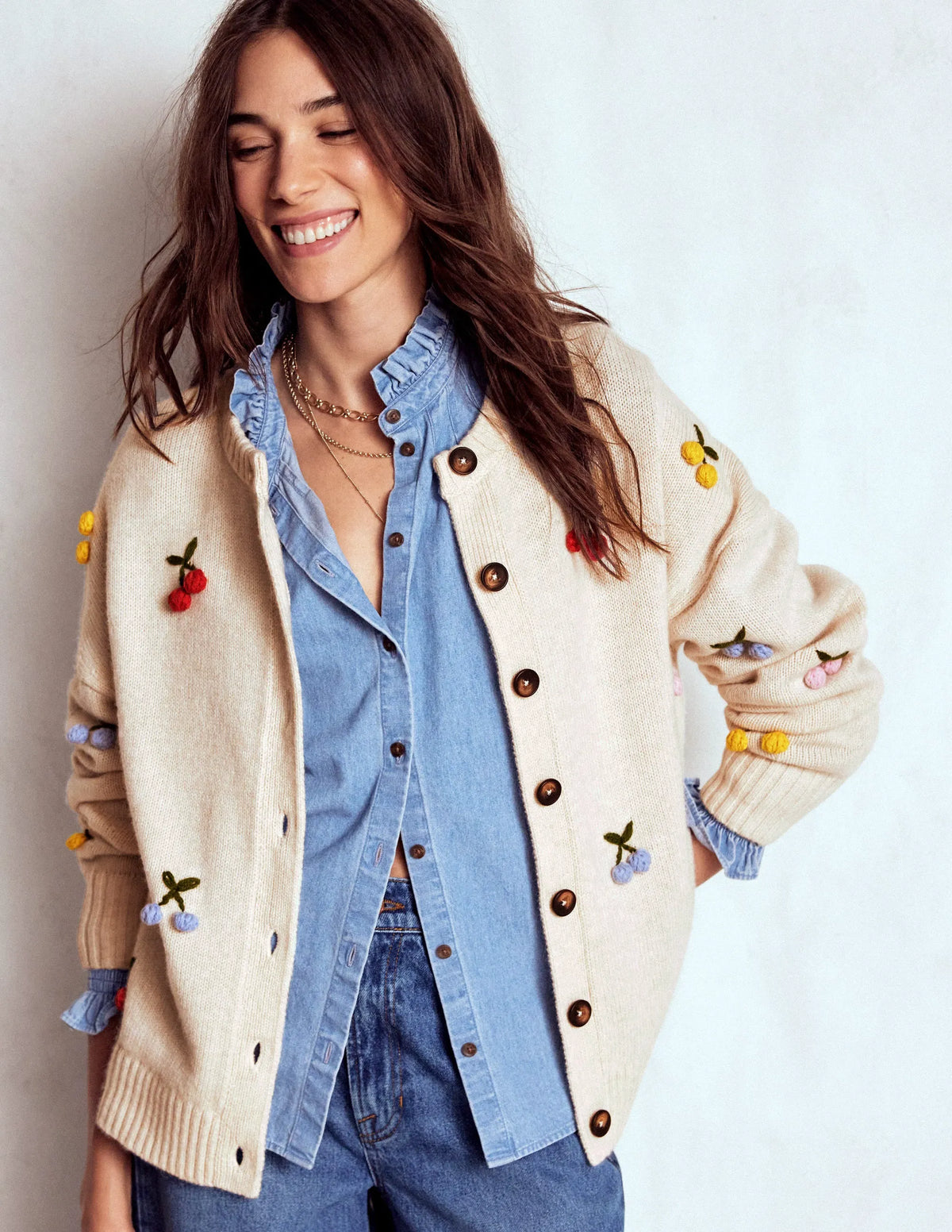 Natalie Embroidered Cardigan-Oatmeal Melange, Cherry