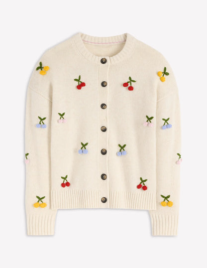 Natalie Embroidered Cardigan-Oatmeal Melange, Cherry