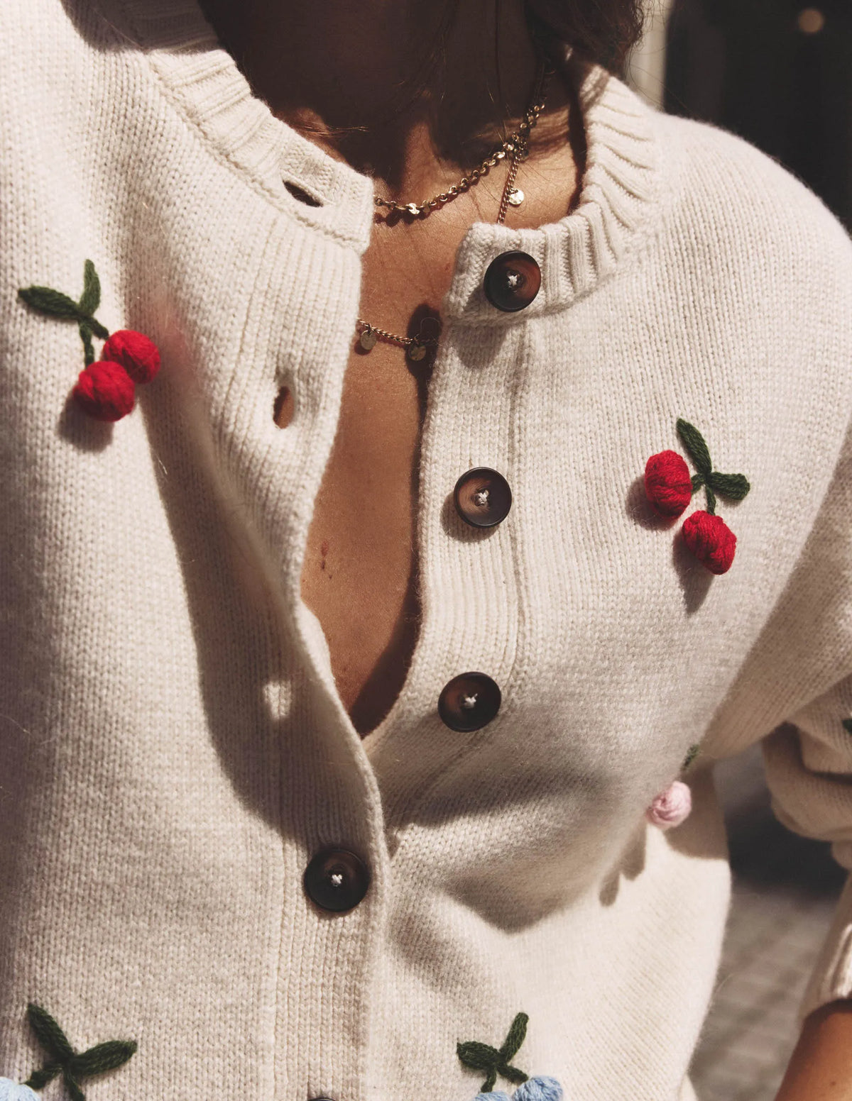 Natalie Embroidered Cardigan-Oatmeal Melange, Cherry