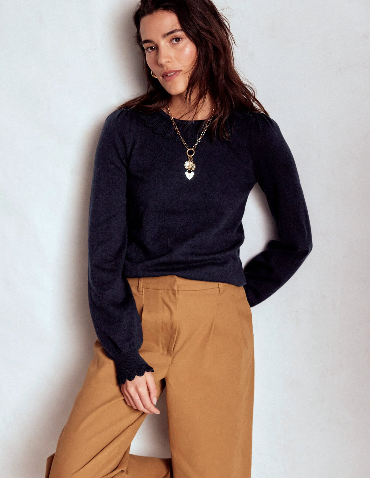 Melina Cotton Ruffle Sweater-Navy