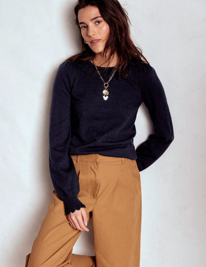 Melina Cotton Ruffle Sweater-Navy