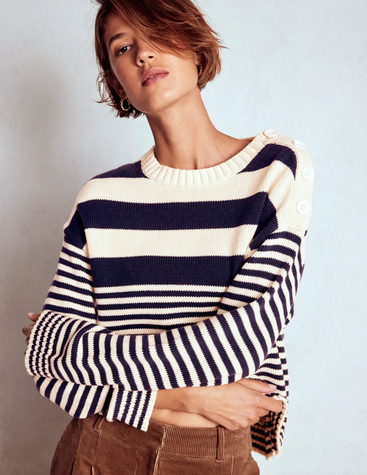 Jemma Chunky Cotton Sweater-Warm Ivory/ Navy