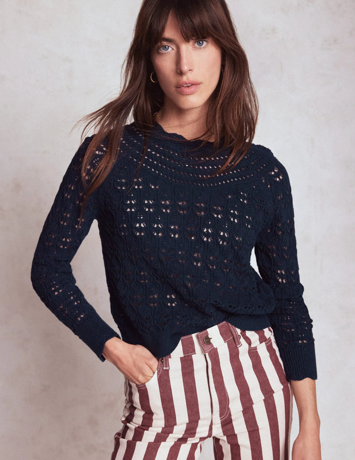 Crochet Mix Stitch Sweater-Navy