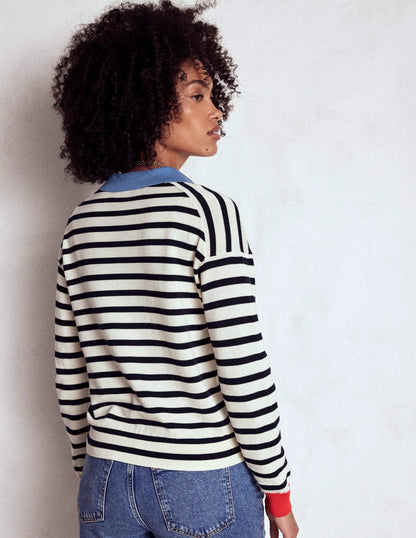 Lara Cotton Henley Jumper-Navy, Warm Ivory Stripe