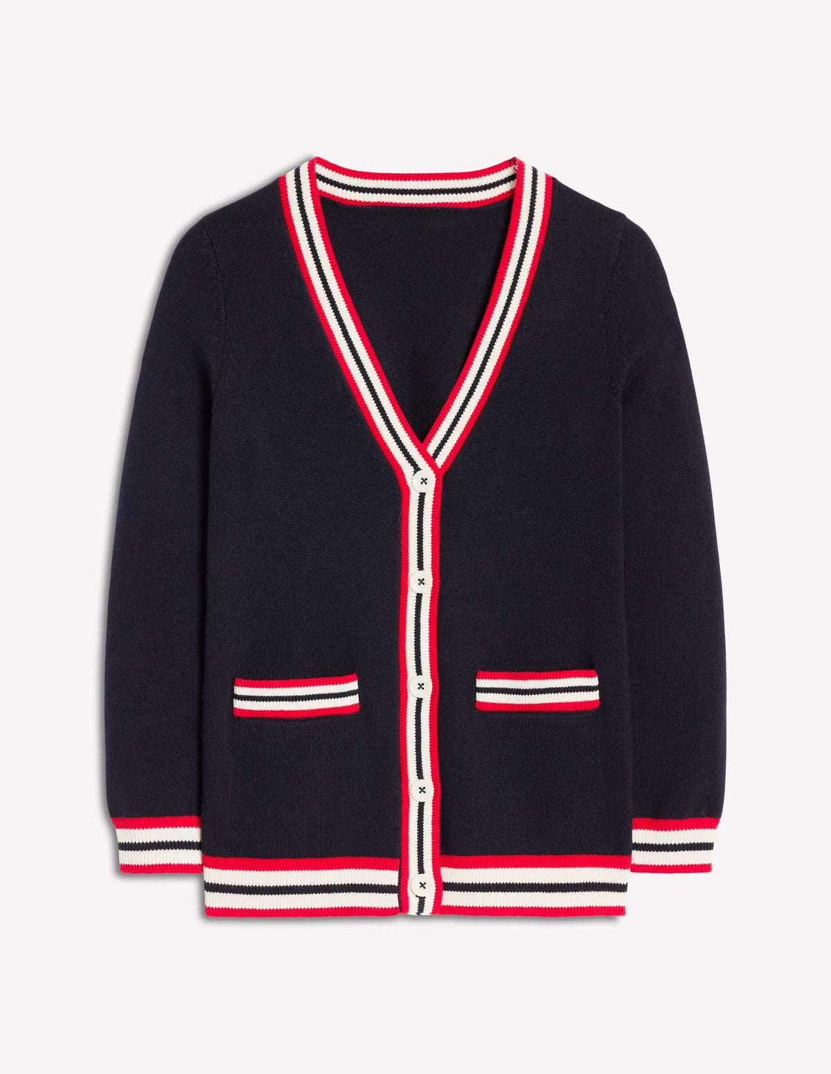 Long Cotton V-neck Cardigan-Navy