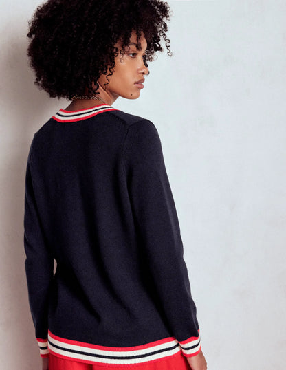 Long Cotton V-neck Cardigan-Navy