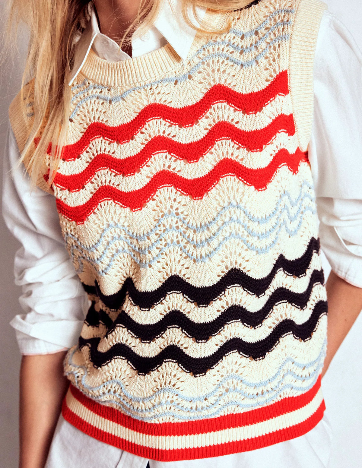 Cotton Wave Sweater Vest-Navy/ Red Textured Wave