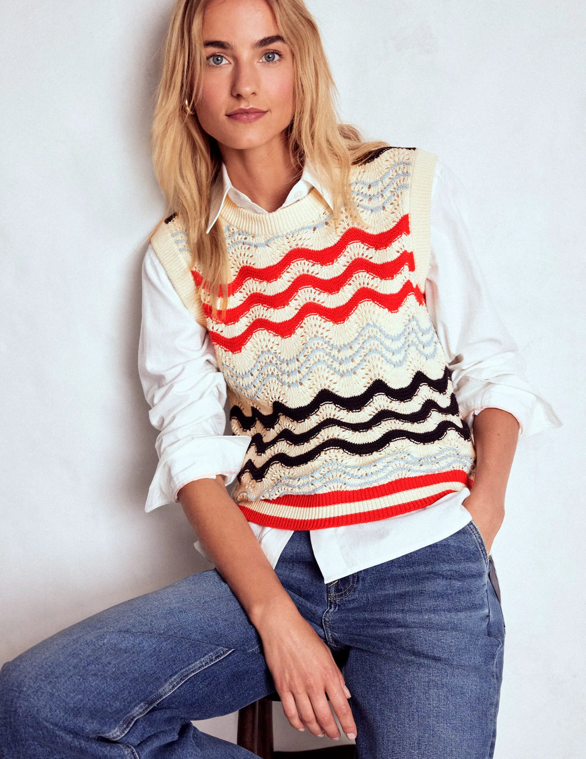 Cotton Wave Sweater Vest-Navy/ Red Textured Wave