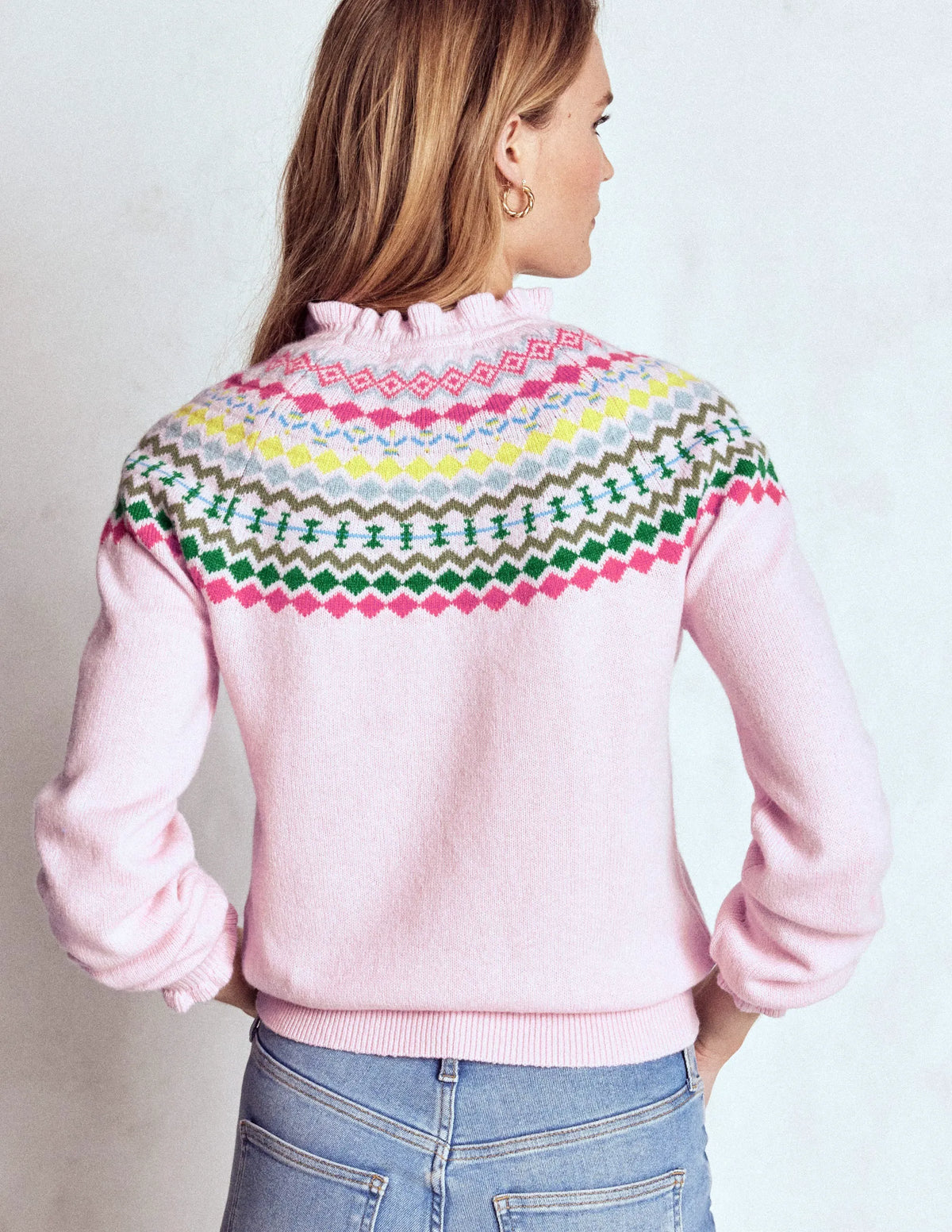 Fae Fair Isle Frilled Sweater-Sheer Pink Melange
