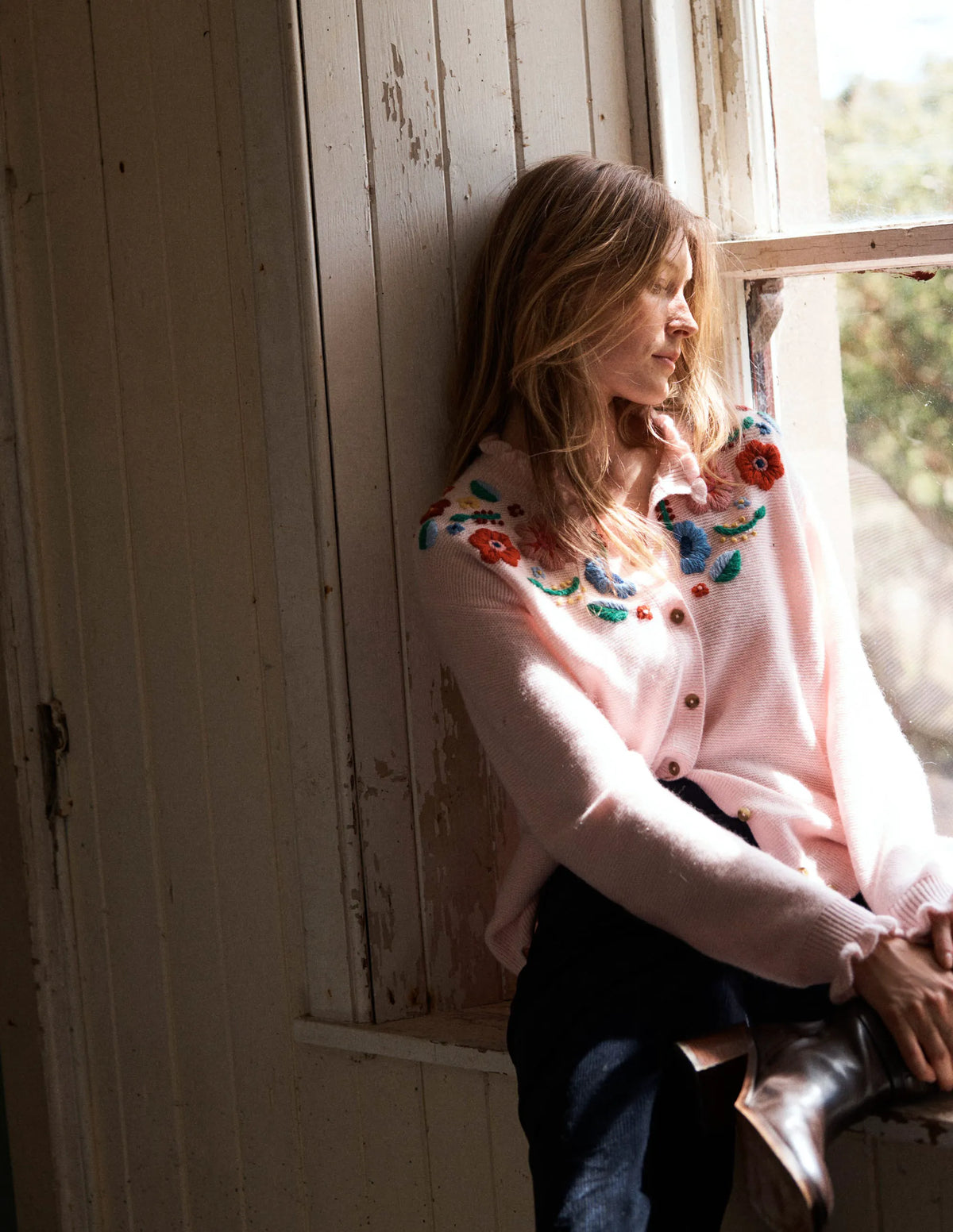 Embroidered Frill Cardigan-Blooming Pink