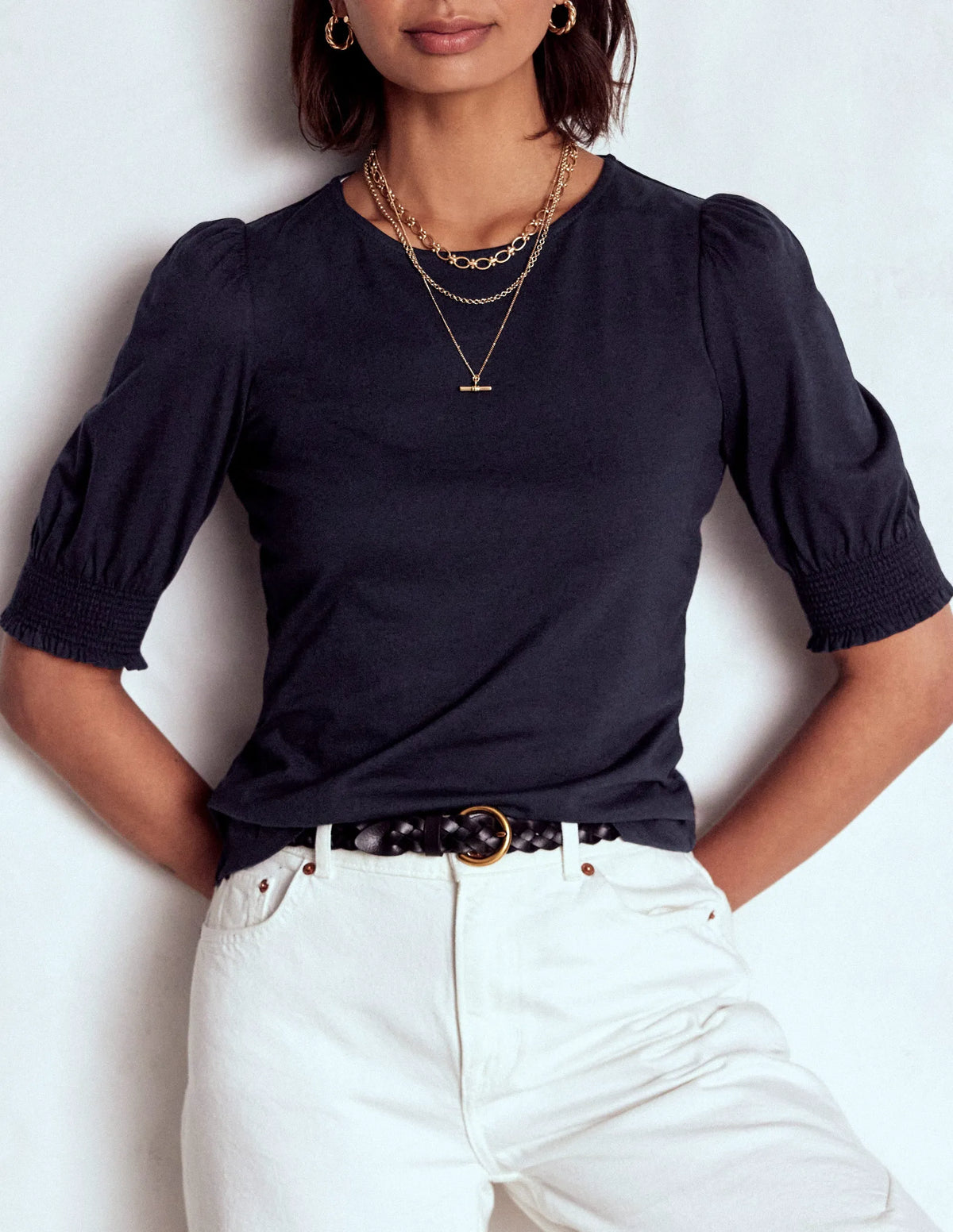 Short Sleeve Smocked Cuff Top-Navy