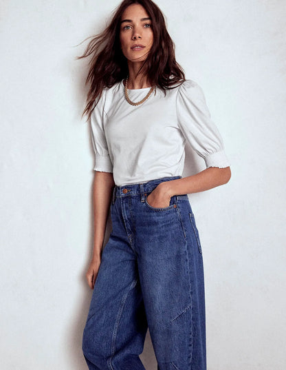 Short Sleeve Smocked Cuff Top-White
