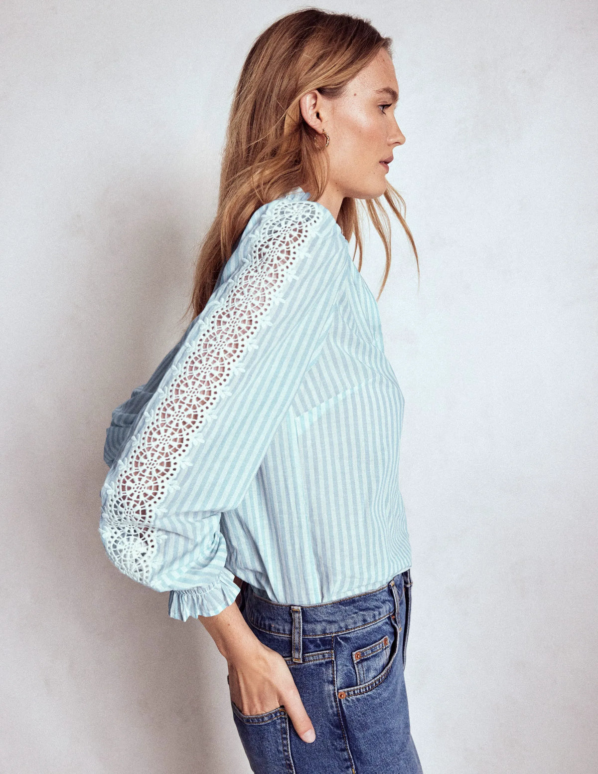 Lorna Pleated Cotton Top-Blue and Ivory Stripe