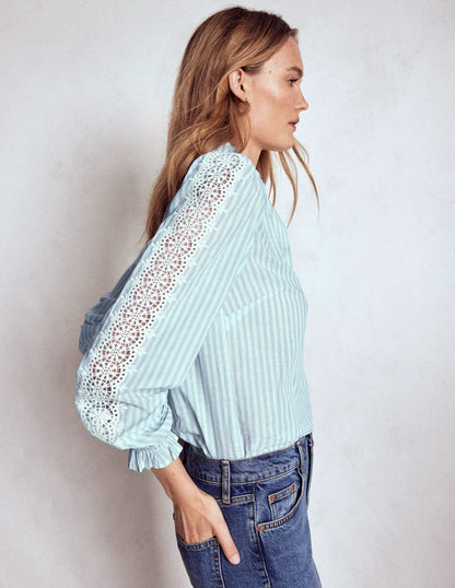 Lorna Pleated Cotton Top-Blue and Ivory Stripe
