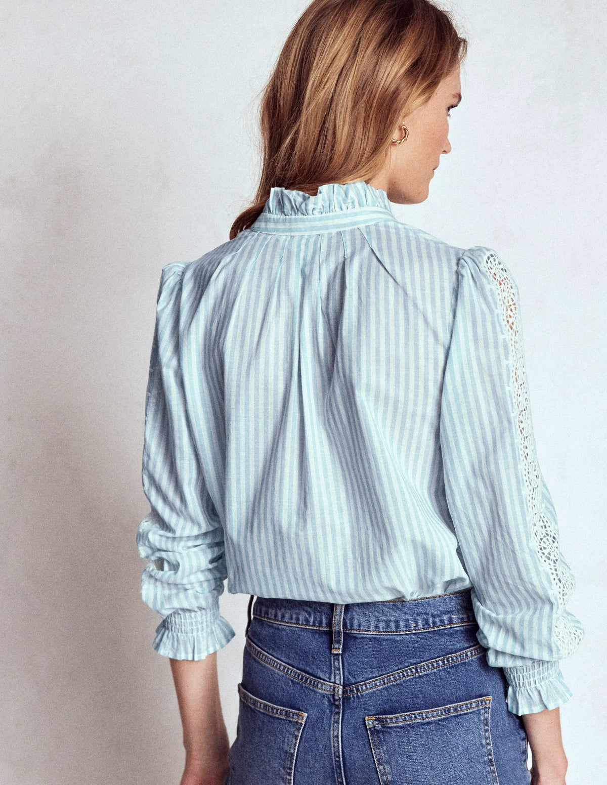 Lorna Pleated Cotton Top-Blue and Ivory Stripe
