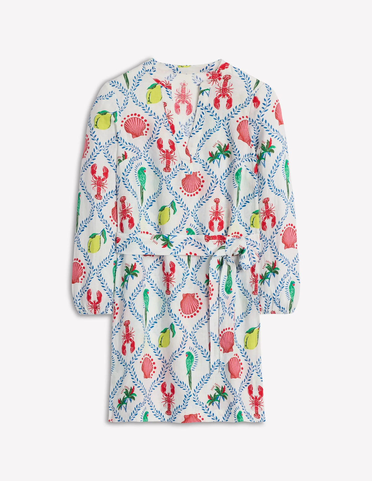 Cleo Linen Tie Waist Dress-Ivory, Tropical Bonanza Vine