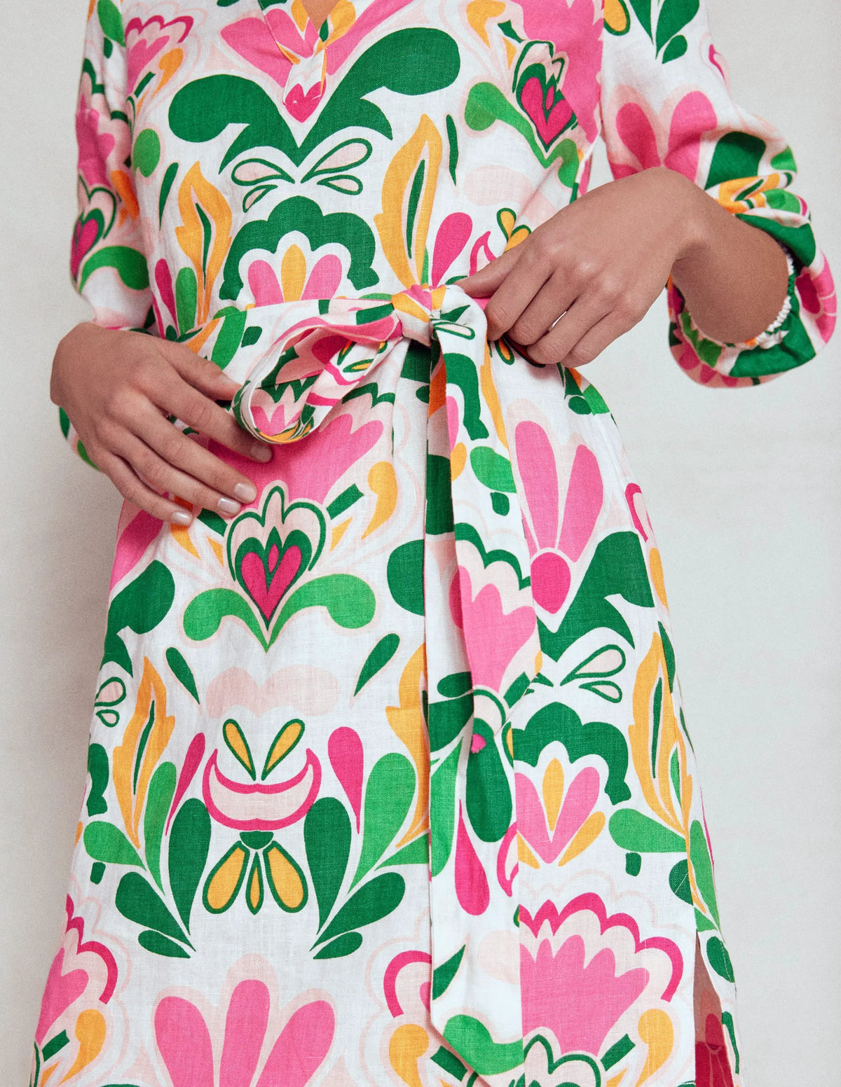 Cleo Linen Tie Waist Dress-Multi, Freesia Stamp