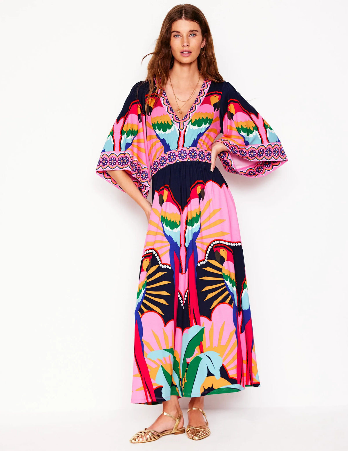 Maya Kimono Jersey Maxi Dress-Multi, Paradise Parrot