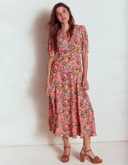 Rosie Godet Tea Dress-Pink Rose, Foliage Trail