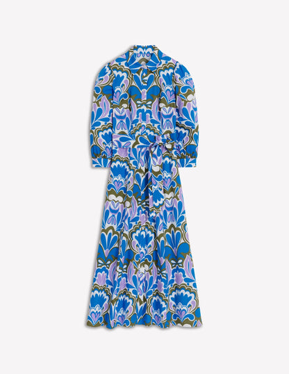 Clara Cotton Shirt Dress-Kingfisher Blue, Freesia Stamp