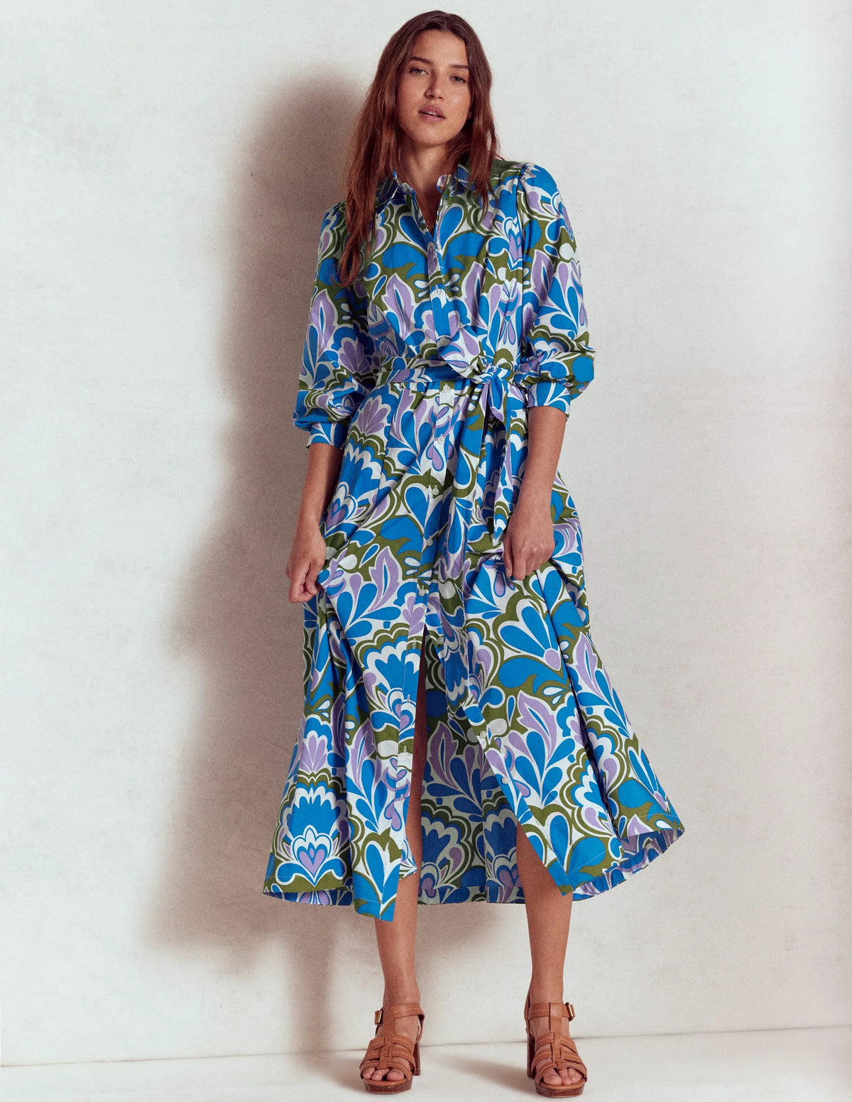 Clara Cotton Shirt Dress-Kingfisher Blue, Freesia Stamp