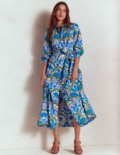 Clara Cotton Shirt Dress-Kingfisher Blue, Freesia Stamp