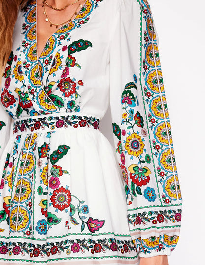 Mya Cotton Short Dress-Ivory, Botanical Sprig