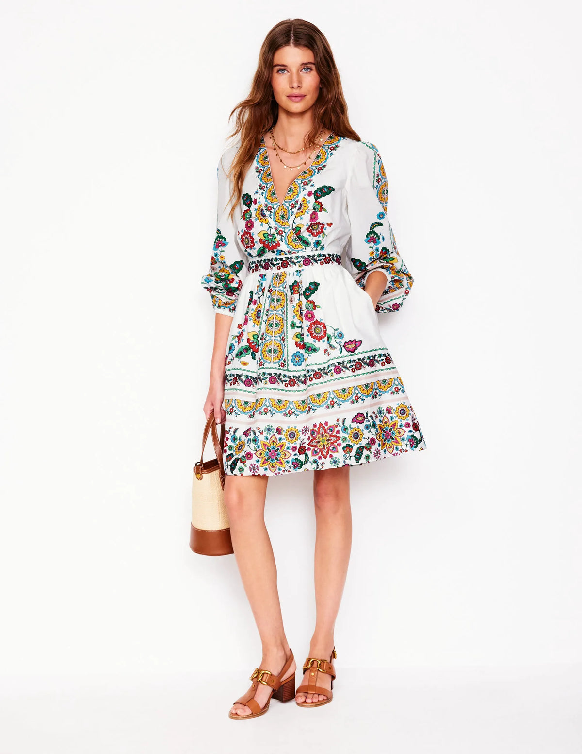 Mya Cotton Short Dress-Ivory, Botanical Sprig
