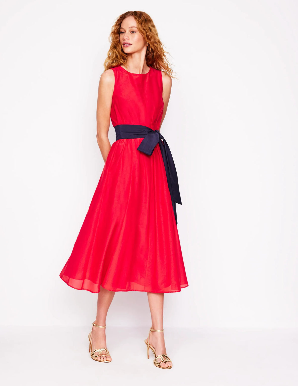 Pleated Sleeveless Dress-Poppy Red