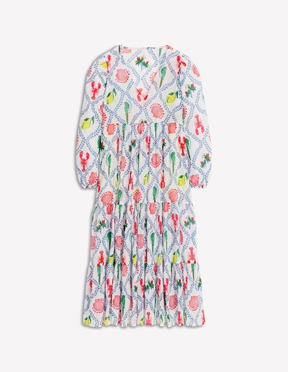 V-Neck Tiered Cotton Kaftan-Ivory, Tropical Bonanza