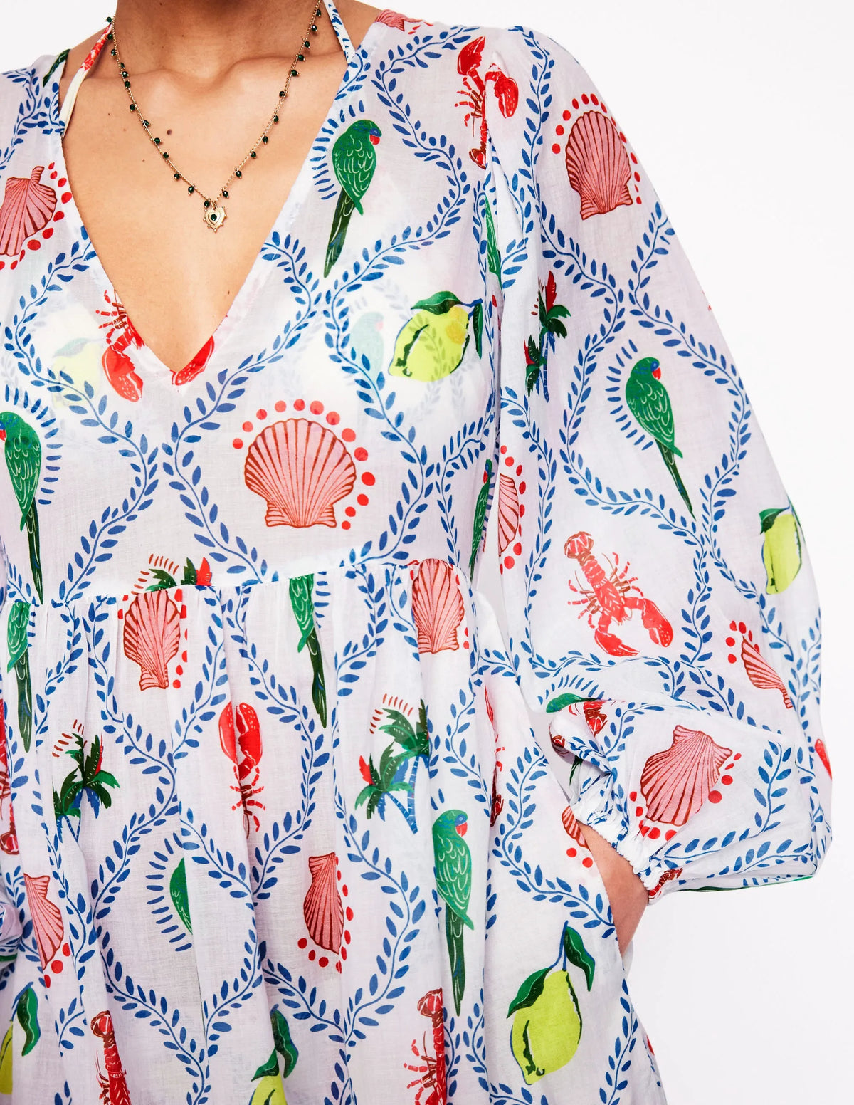 V-Neck Tiered Cotton Kaftan-Ivory, Tropical Bonanza