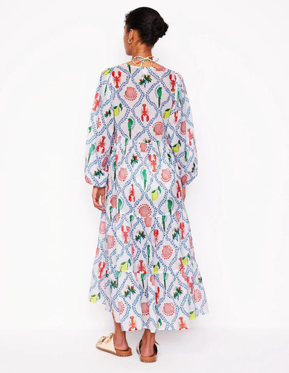 V-Neck Tiered Cotton Kaftan-Ivory, Tropical Bonanza