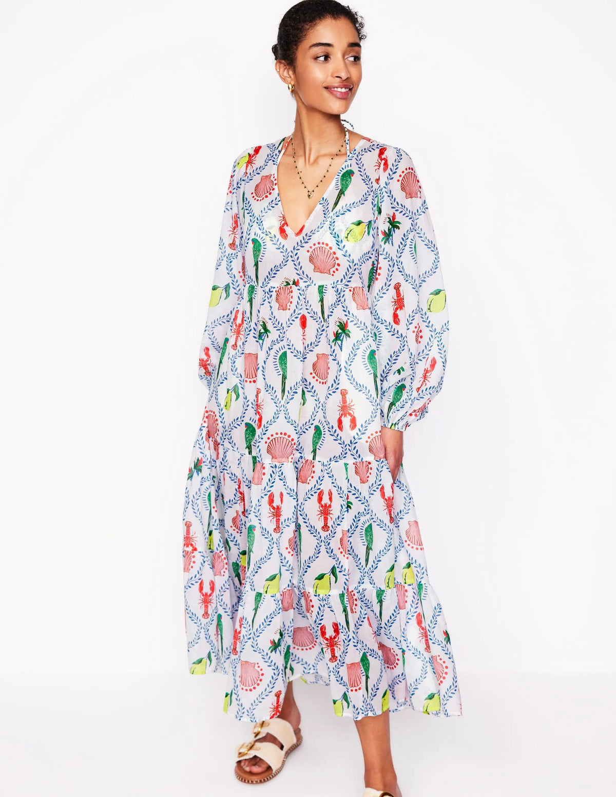 V-Neck Tiered Cotton Kaftan-Ivory, Tropical Bonanza