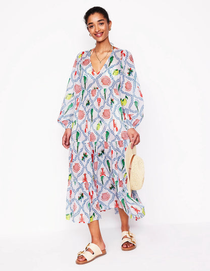 V-Neck Tiered Cotton Kaftan-Ivory, Tropical Bonanza
