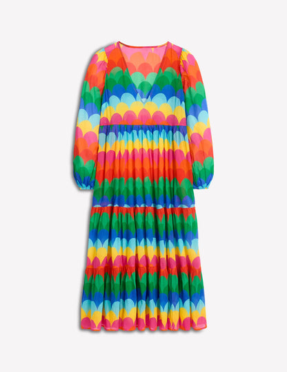 V-Neck Tiered Cotton Kaftan-Multi, Scallop Stripe