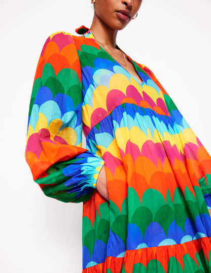 V-Neck Tiered Cotton Kaftan-Multi, Scallop Stripe