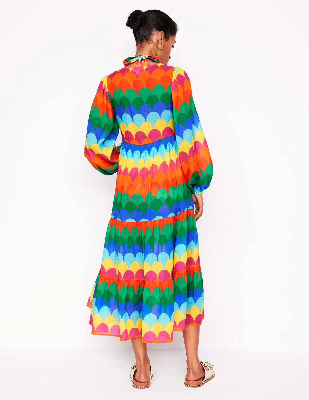 V-Neck Tiered Cotton Kaftan-Multi, Scallop Stripe