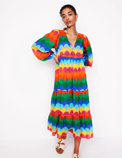 V-Neck Tiered Cotton Kaftan-Multi, Scallop Stripe