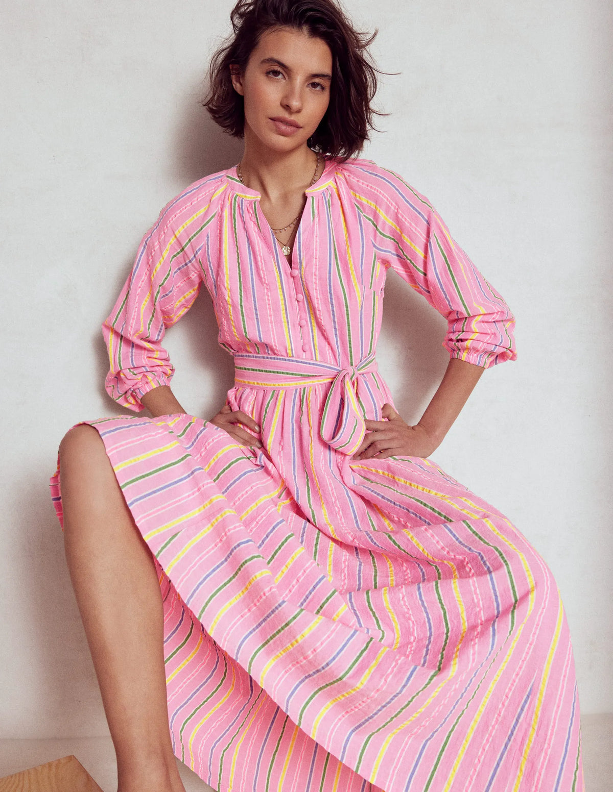 Faye Cotton Maxi Dress-Sorbet Pink, Seersucker Stripe