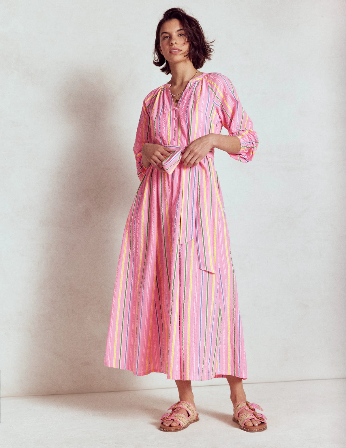 Faye Cotton Maxi Dress-Sorbet Pink, Seersucker Stripe