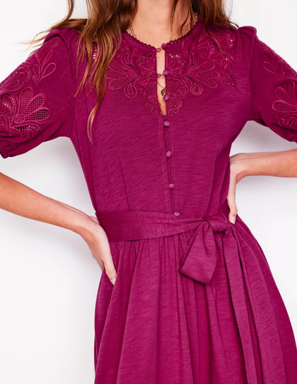 Cutwork Detail Midi Dress-Rich Magenta