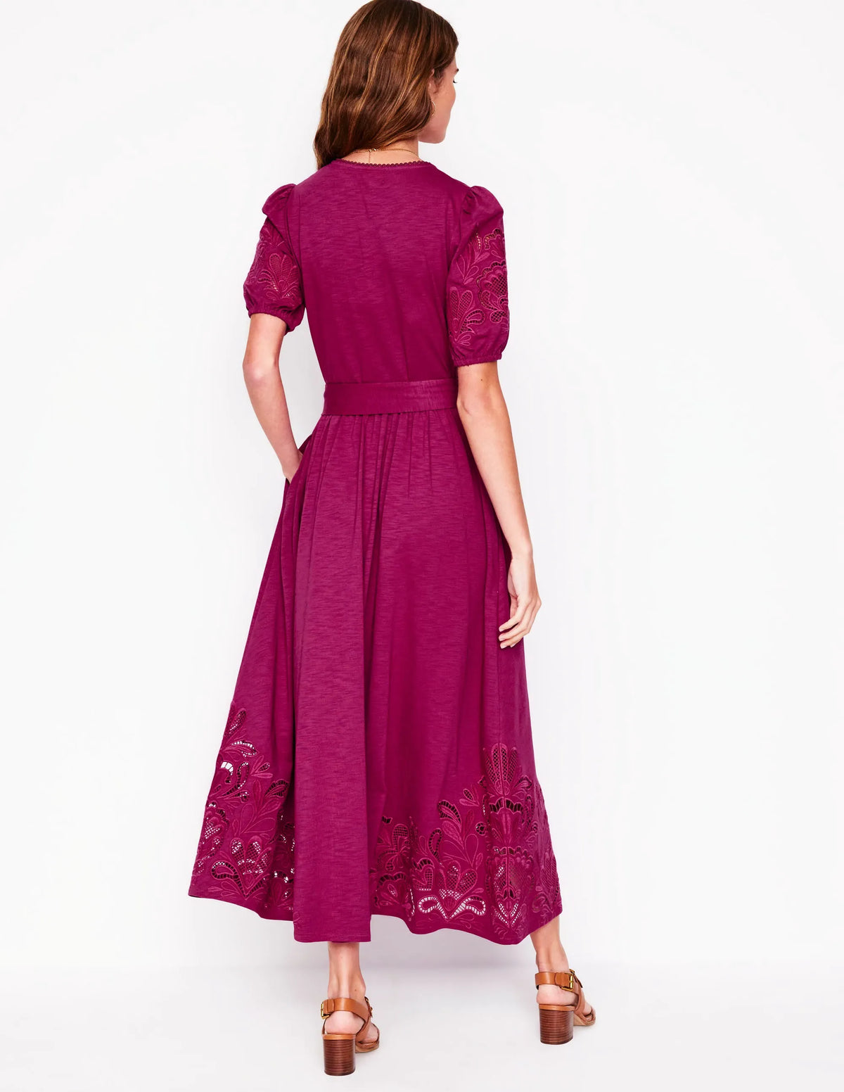 Cutwork Detail Midi Dress-Rich Magenta