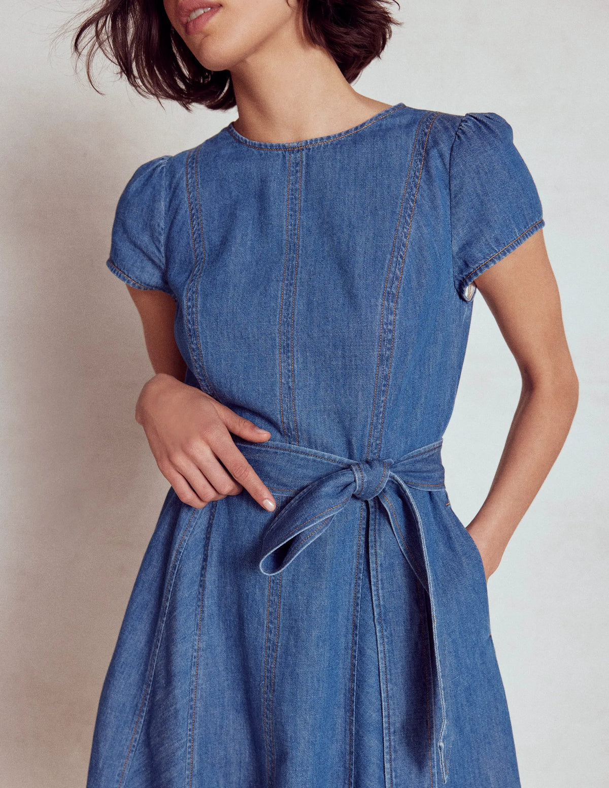 Imo Denim Godet Short Dress-Mid Vintage Denim