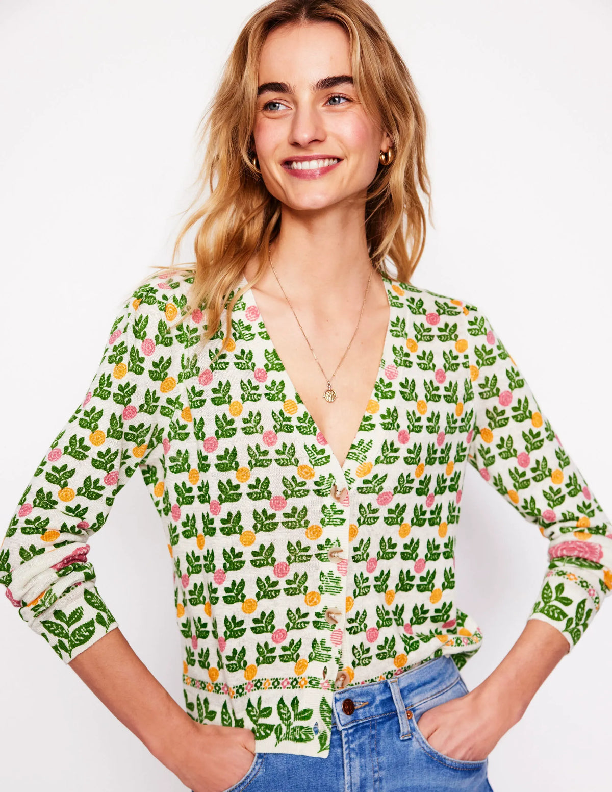 Liv V-Neck Linen Cardigan-Warm Ivory, Dahlia Garden